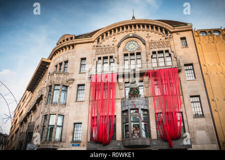 Basel, Switzerland - December 25, 2017 - Architectural detail of the Globus department store on the market square decorated for Christmas Stock Photo