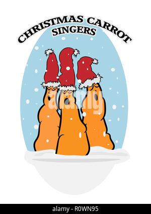 Cartoon drawing of cute Christmas Carrot Singers in a snow landscape, vector illustration Stock Vector