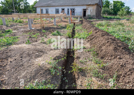 The installation of steel in a trench for a house foundation Stock ...