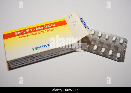 Ramipril tablets. 1,25mg medication pack of pills. Box of medical tablets isolated on a white background. Zentiva. Manufactured by Sanofi, Italy. EU Stock Photo