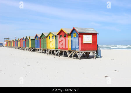 Close up of colorful huts on Muizenberg Beach on warm summers day