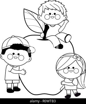 Group of children students. Vector black and white coloring page Stock ...