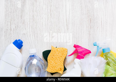Cleaning items on white floor in the house. Stock Photo