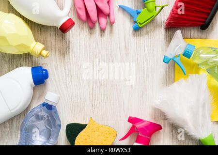 Cleaning items on white floor in the house. Stock Photo