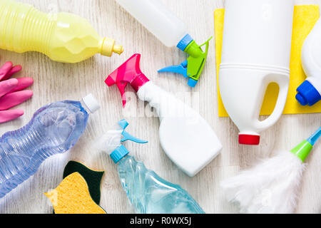 Cleaning items on white floor in the house. Stock Photo