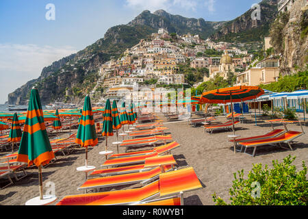 Wide angle of Positano village houses from empty beach (Spiaggia in Italian) Stock Photo