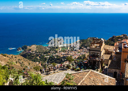 Castelmola, Italy - September 27, 2018: The view from the small village Castelmola at mountain top above Taormina, with the view of Mediterranean Sea Stock Photo