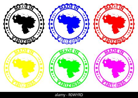 Made in Venezuela - rubber stamp - vector, Venezuela map pattern - black, blue, green, yellow, purple and red Stock Vector