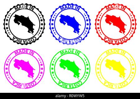 Made in Costa Rica - rubber stamp - vector, Costa Rica map pattern - black, green, blue, yellow, purple and red Stock Vector