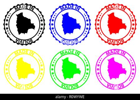 Made in Bolivia  - rubber stamp - vector, Bolivia  map pattern - black, blue, green, yellow, purple and red Stock Vector