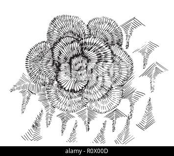 Black and white illustration of psychedelic flower. Stock Vector