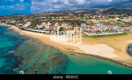 Aerial. Public beach near The Scala dei Turchi. Realmonte, near Porto Empedocle, southern Sicily, Italy. Stock Photo