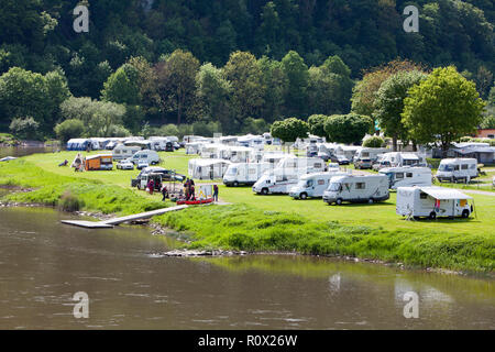 Campsite at Bad Karlshafen, Upper Weser Valley,  Weser Uplands, Weserbergland, Hesse, Germany, Europe Stock Photo