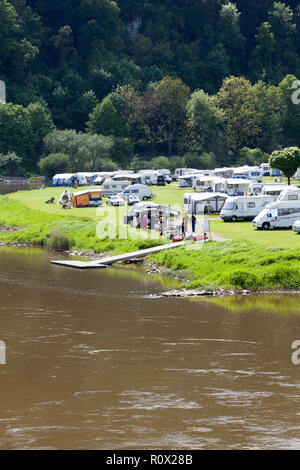 Campsite at Bad Karlshafen, Upper Weser Valley,  Weser Uplands, Weserbergland, Hesse, Germany, Europe Stock Photo