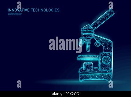 Microscope science medicine business equipment. Low poly polygonal triangle blue glowing point connected line analysis research microbiology lab laboratory vector illustration Stock Vector