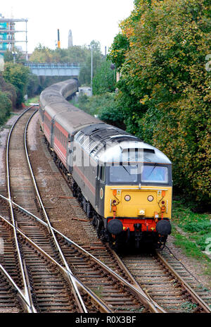 A class 47 diesel locomotive number 47709 owned by Fragonset Railways working a football charter at South Acton. 5th November 2005.