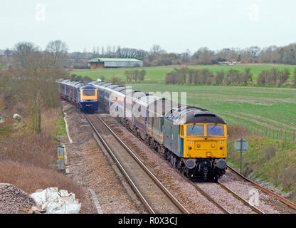 A class 47 diesel locomotive number 47840 'North Star' working an empty coaching stock stock move near Crofton on 5th March 2007. Stock Photo