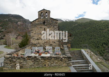 The Romanesque church of Sant Serni de Nagol, built in 1050, and cemetery. Community of Sant Julia de Loria, Andorra. 11th. century. Stock Photo