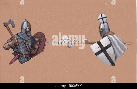 Medieval knights. Peipus lake battle, 1242. Russian knight against Teutonic crusader. Stock Photo