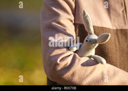 young woman with toy rabbit at fall  park Stock Photo