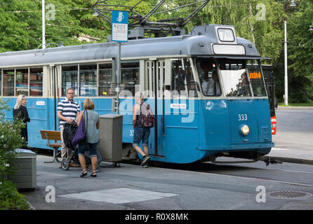 Stockholm.Sweden.Several  vintage Trams  run on routes around the city in the summer months. Stock Photo