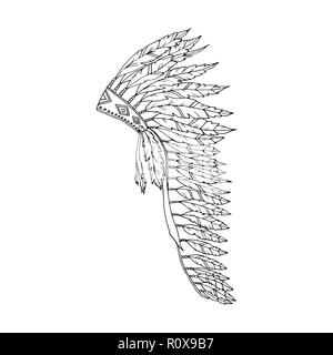 American Warbonnet Outline Drawing. Eagle Feather hat coloring page fashion accessory. Native Indian Headdress. Thanksgiving and Halloween Vector Costume Illustration. Stock Vector