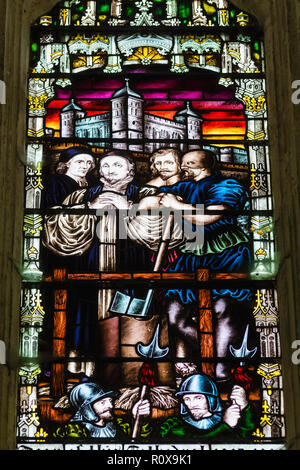 England, Kent, Canterbury, Canterbury Cathedral, The Chapter House, Stained Glass Window depicting An Execution in The Tower of London Stock Photo