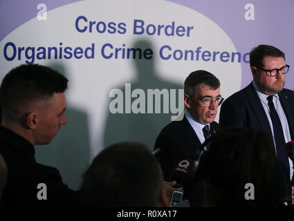 Garda Commissioner Drew Harris (left) and PSNI temporary deputy chief constable Stephen Martin speaking to the media during the Cross-border conference on organised crime at the Slieve Donard Hotel in Newcastle, Co. Down.