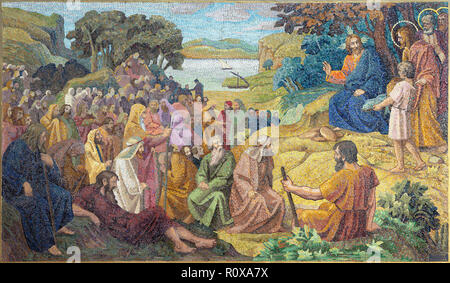 PRAGUE, CZECH REPUBLIC - OCTOBER 13, 2018: The mosiac of miralce The Feeding the multitude in church kostel Svatého Václava by artwork of S. G. Rudl Stock Photo