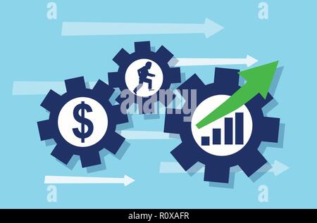 Graphic design of moving blue gears with symbols of business rotating in mechanism giving growth Stock Vector