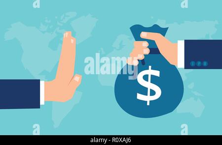 Vector of a businessman hand refusing offered bag of money with dollar sign Stock Vector