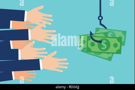Vector of hands reaching out to get money on the hook. Deception, financial trap concept Stock Vector