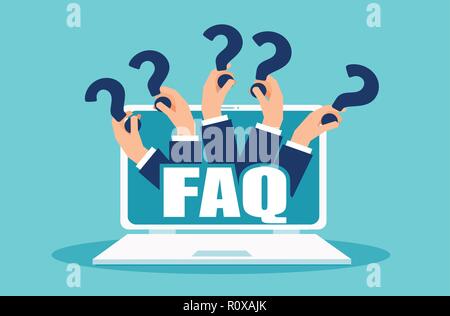 FAQ banner. Computer with hands holding question icons. Vector concept for frequently asked questions online suing social media platform Stock Vector