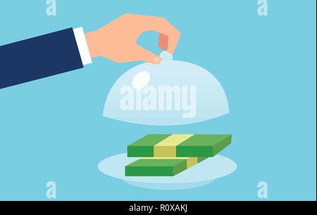 Vector of a business man opening serve cloche with money. Financial concept. Stock Vector