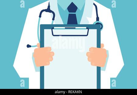 Vector of a male doctor with lab coat holding a clipboard showing a blank document. Stock Vector