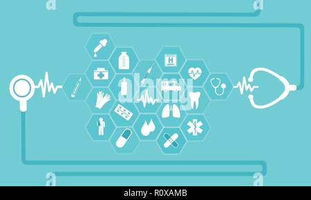 Vector flat icons in medicine healthcare symbols for poster, web banner and card Stock Vector