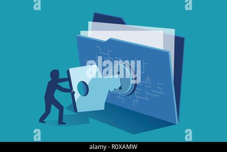 Cyber security digital file protection concept. Vector of man using security key to access digital file Stock Vector