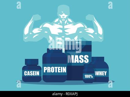 Vector of protein cocktail ads. Cans of sport nutrition powder with a bodybuilder on background Stock Vector