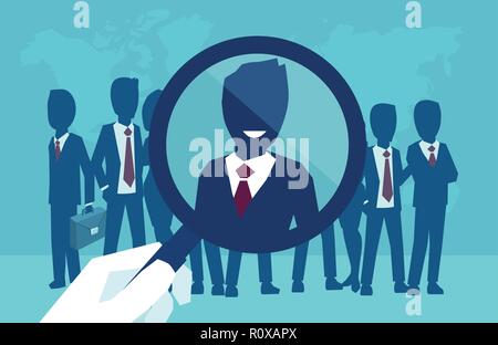Vector concept of a corporate recruitment process, hand zooming with magnifying glass picking successfull candidate Stock Vector