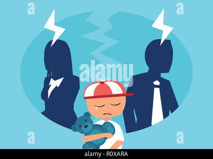 Divorce and family conflict concept. Vector of a couple man and woman having an argument with a stressed crying child in the middle. Stock Vector