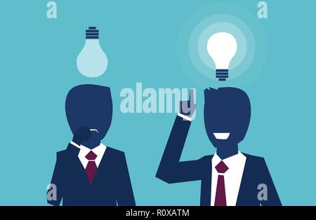 Vector of two businessmen thinking looking up at light bulbs one having a bright idea another feeling confused. Cognitive skills concept Stock Vector