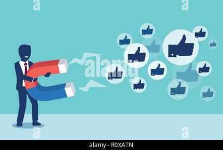 Social media marketing concept. Vector of a young businessman attracting likes with a huge magnet Stock Vector