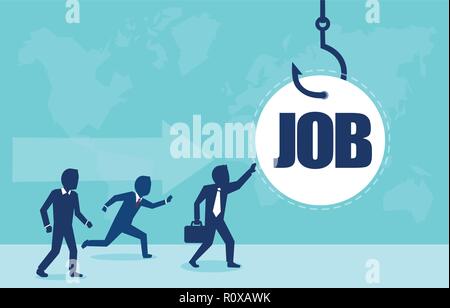 Job on a hook. Vector of business people running to get a job on the fish hook. Deception in corporate company concept. Stock Vector