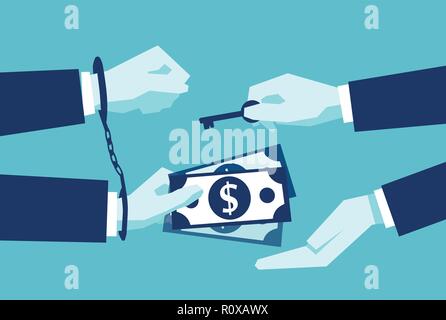 Flat design of businessman giving money in return of being released with handcuffs unlocked on blue background Stock Vector