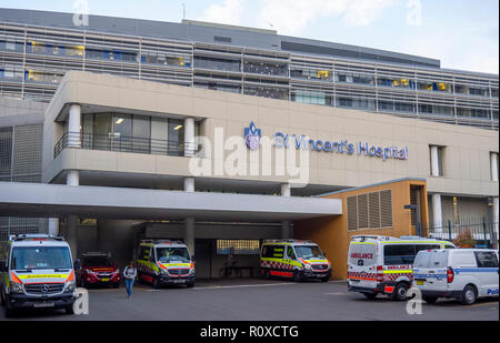 Ambulances parked in the carpark of St Vincent's Hospital Darlinghurst Sydney NSW Australia. Stock Photo