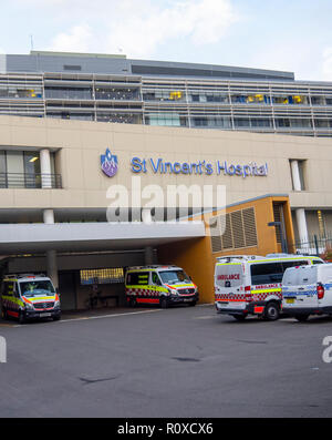 Ambulances parked in the carpark of St Vincent's Hospital Darlinghurst Sydney NSW Australia. Stock Photo