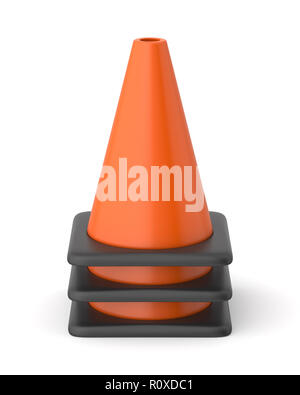3d rendered stack of orange and black traffic cones on a white background. Stock Photo