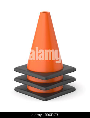 3d rendered stack of orange and black traffic cones on a white background. Stock Photo