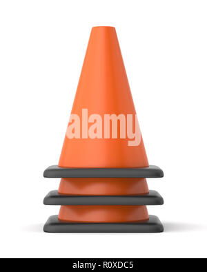 3d rendered stack of orange and black traffic cones on a white background. Stock Photo