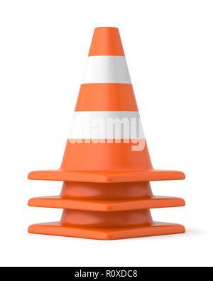 3d rendered stack of orange and white striped traffic cones on a white background. Stock Photo